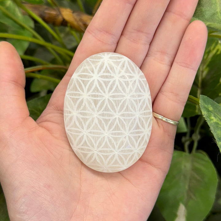 Engraved Selenite Palmstone - Flower Of Life