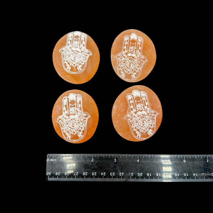 Peach Selenite Engraved Palmstone - Hamsa