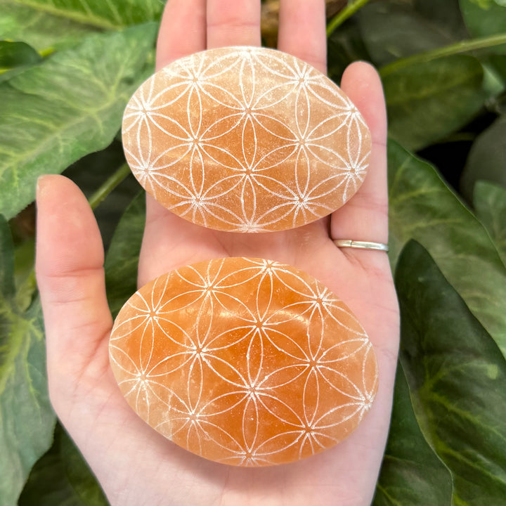 Peach Selenite Engraved Palmstone - Flower Of Life