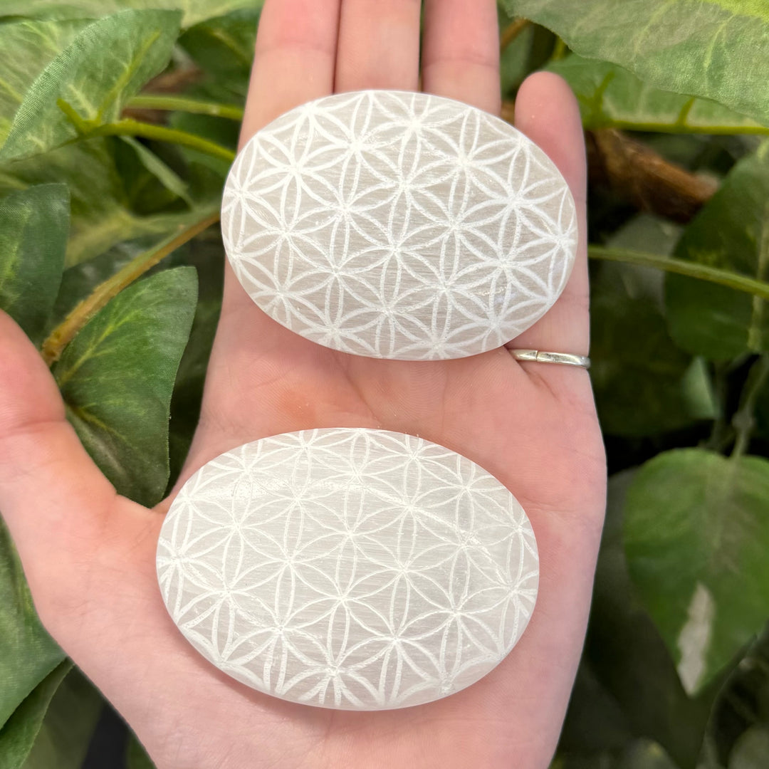 Engraved Selenite Palmstone - Flower Of Life