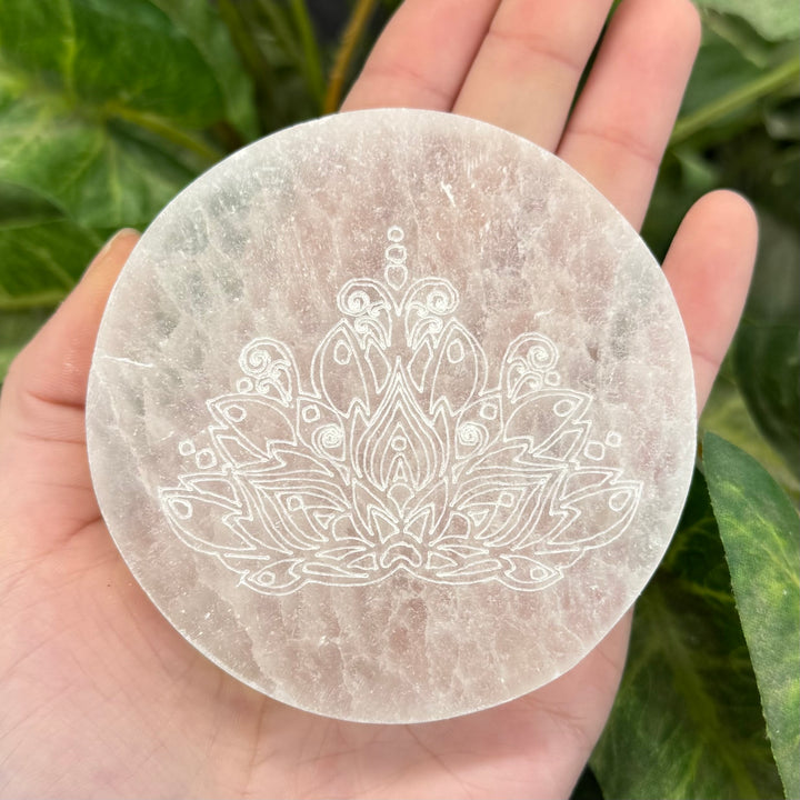 Selenite Engraved Plate - Lotus 3"