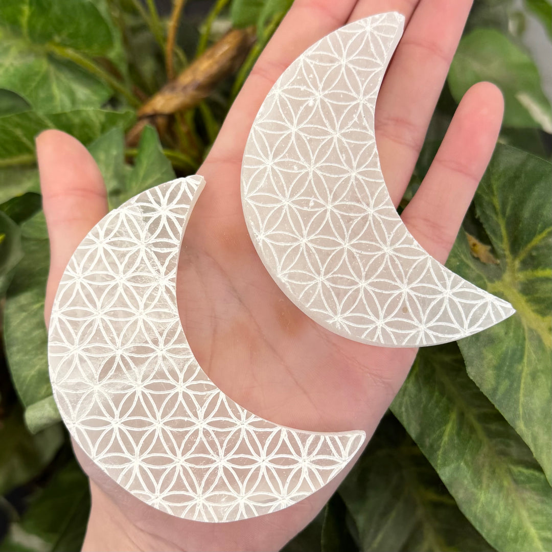 Selenite Engraved Moon Plate - Flower Of Life 3"