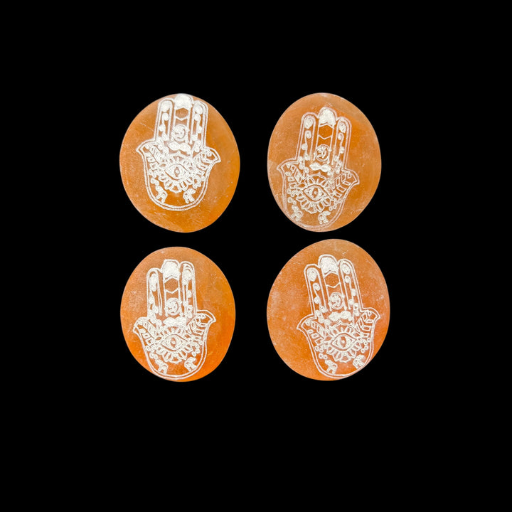 Peach Selenite Engraved Palmstone - Hamsa