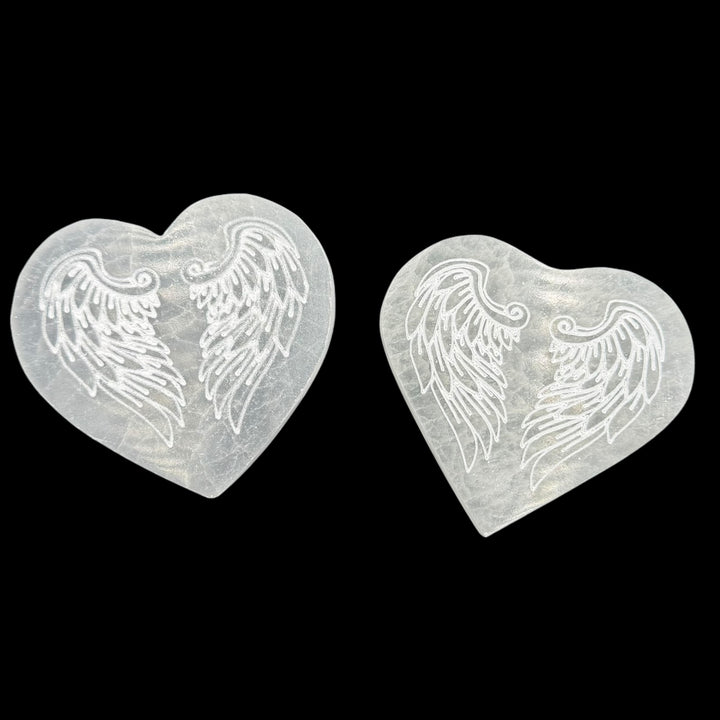 Selenite Engraved Heart Plate - Angel Wings 3"