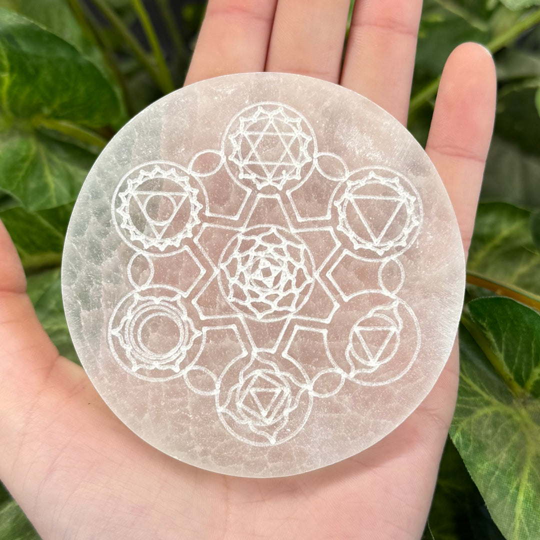 Selenite Engraved Plate - Chakra 3"