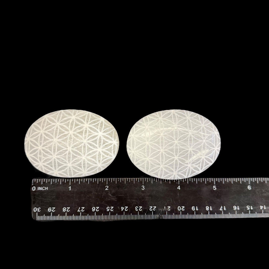 Engraved Selenite Palmstone - Flower Of Life