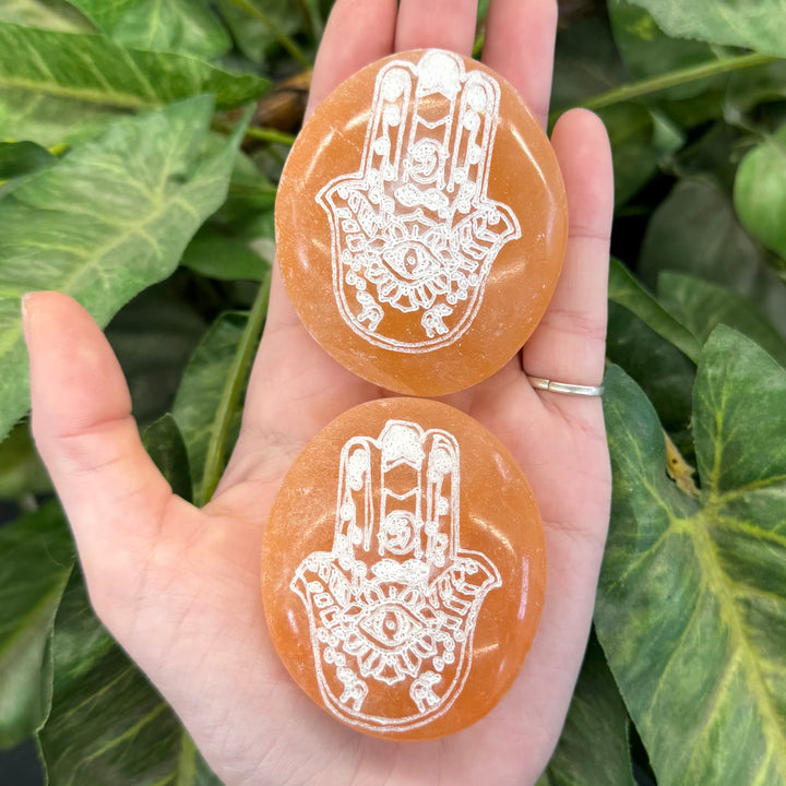 Peach Selenite Engraved Palmstone - Hamsa