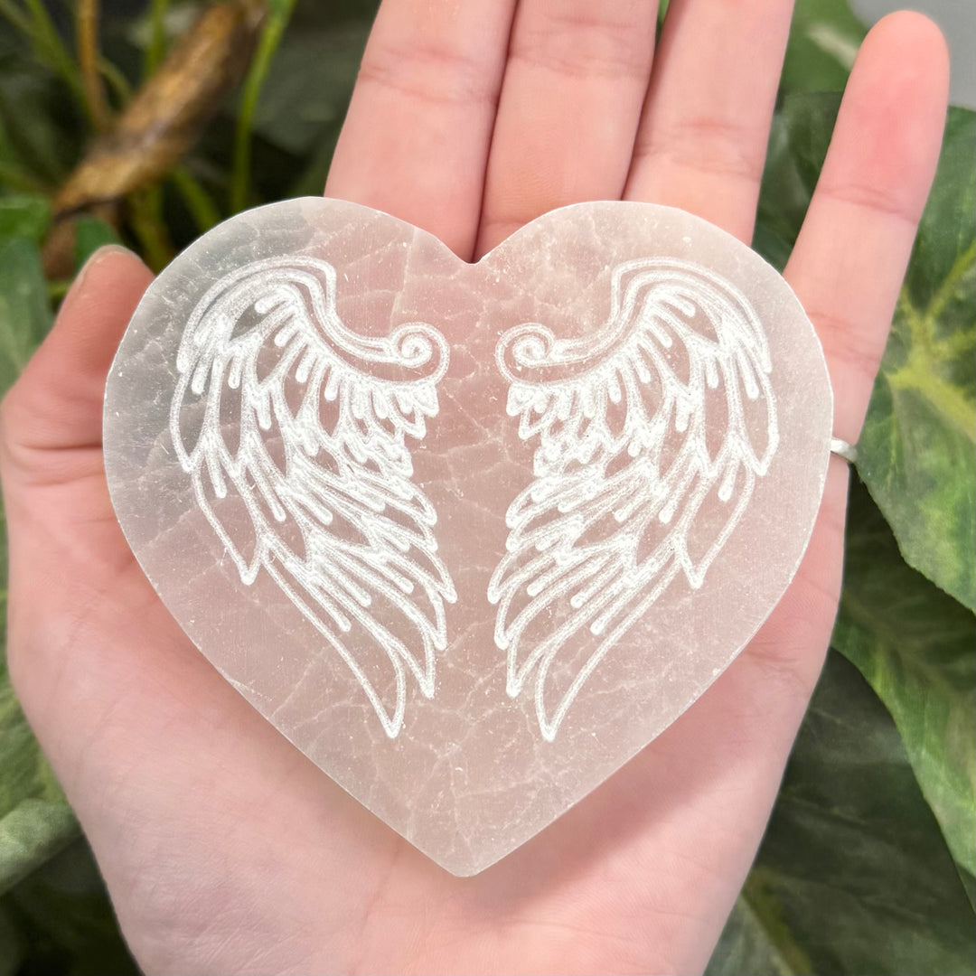 Selenite Engraved Heart Plate - Angel Wings 3"