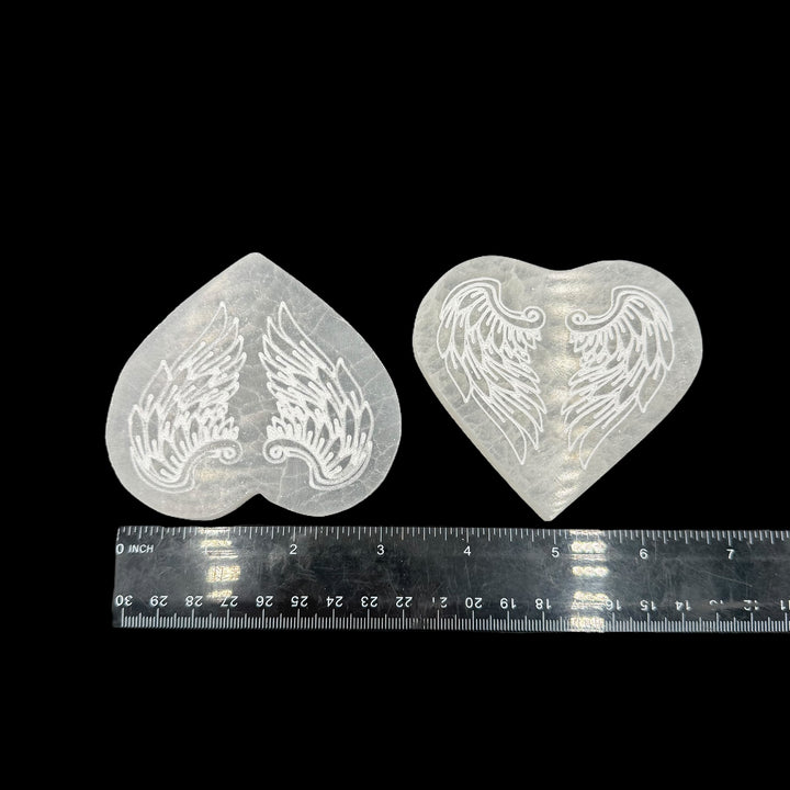 Selenite Engraved Heart Plate - Angel Wings 3"