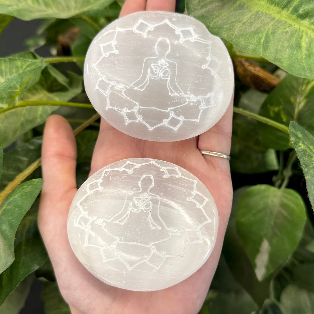 Engraved Selenite Palmstone - Buddha