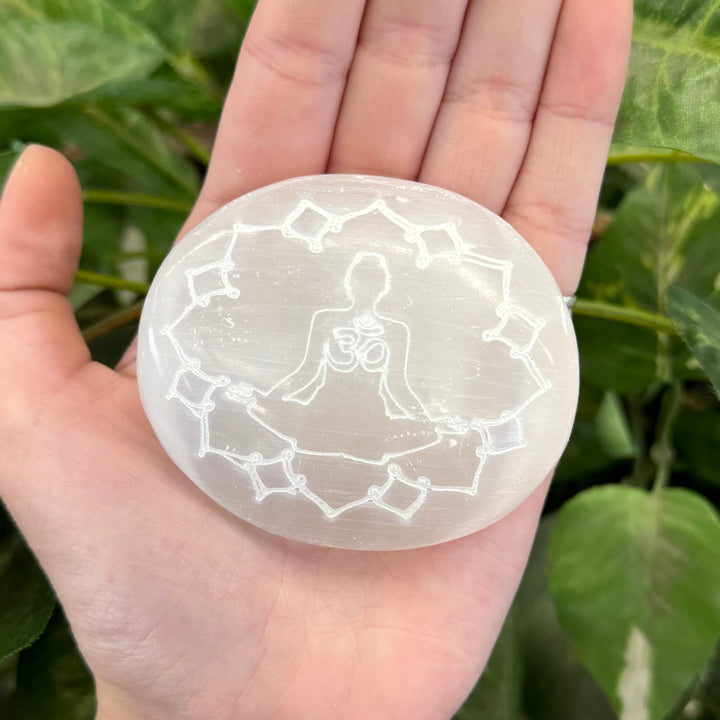 Engraved Selenite Palmstone - Buddha