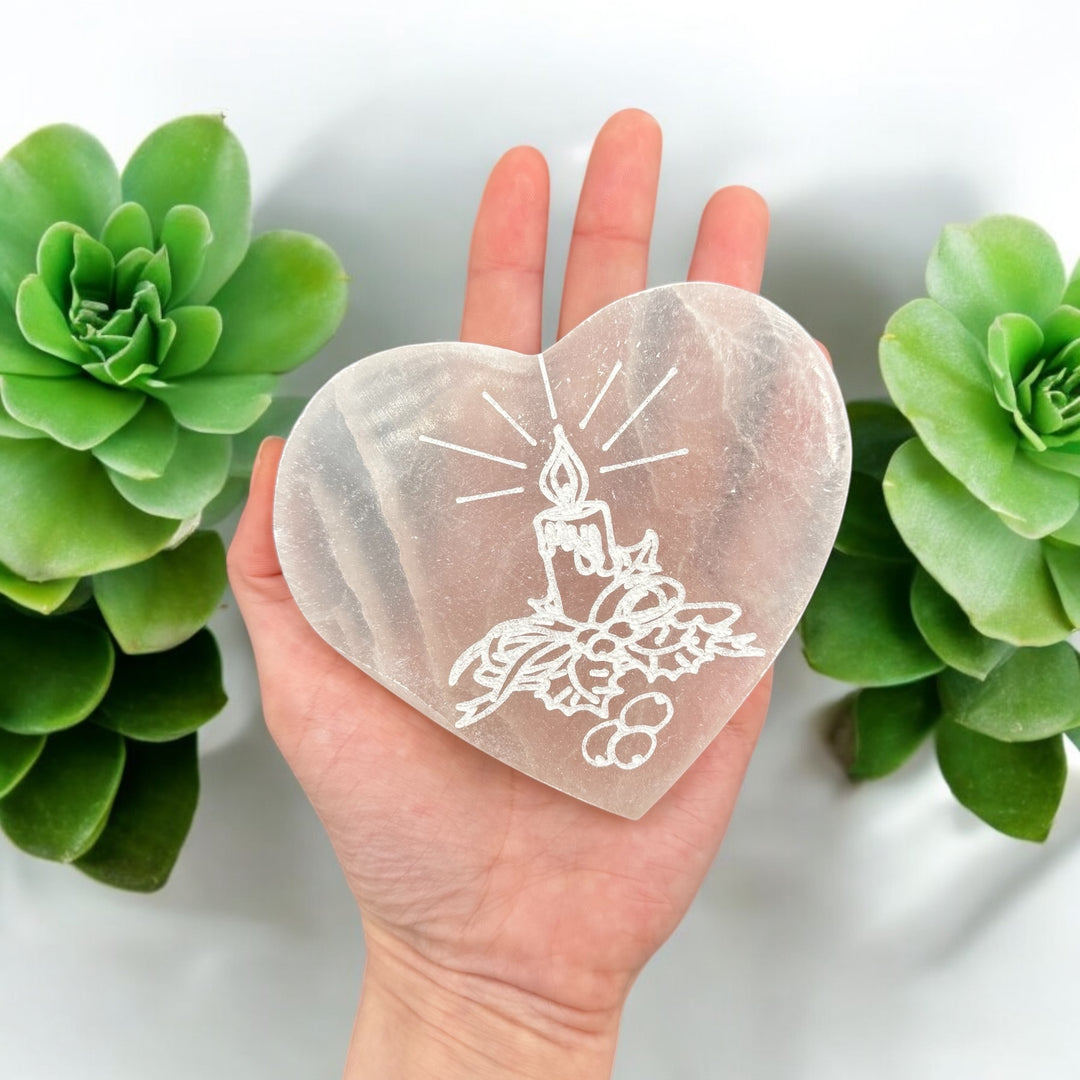 Selenite Charging Heart Plate - Candle 4"