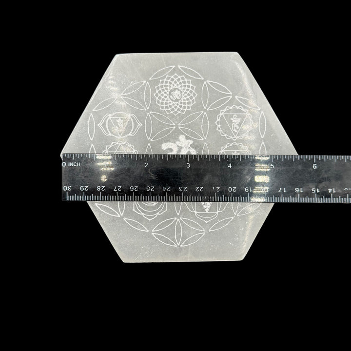 Selenite Hexagon Plate - Om Chakra 5.5"