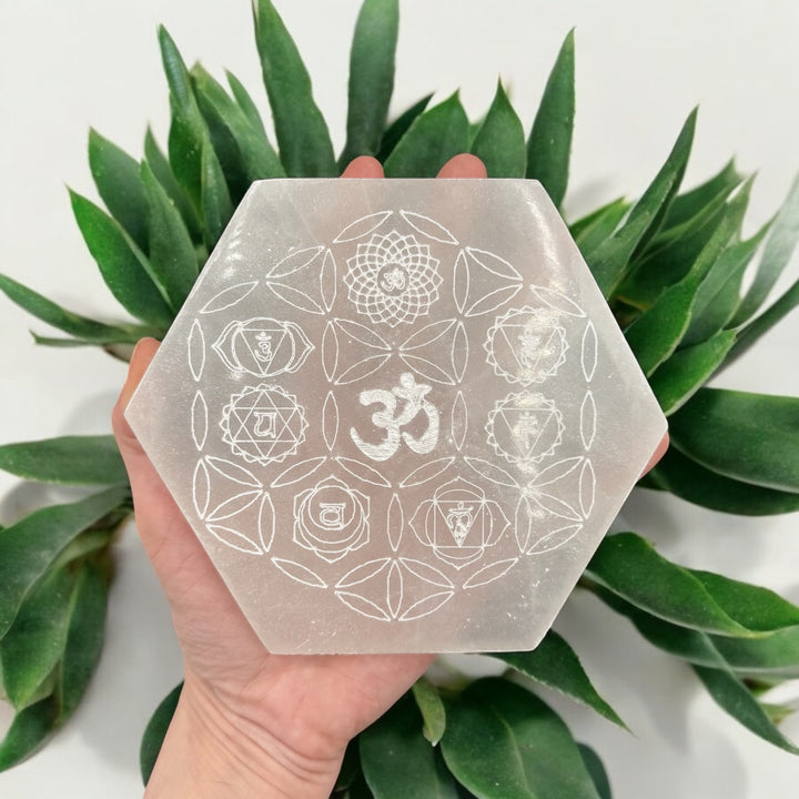 Selenite Hexagon Plate - Om Chakra 5.5"