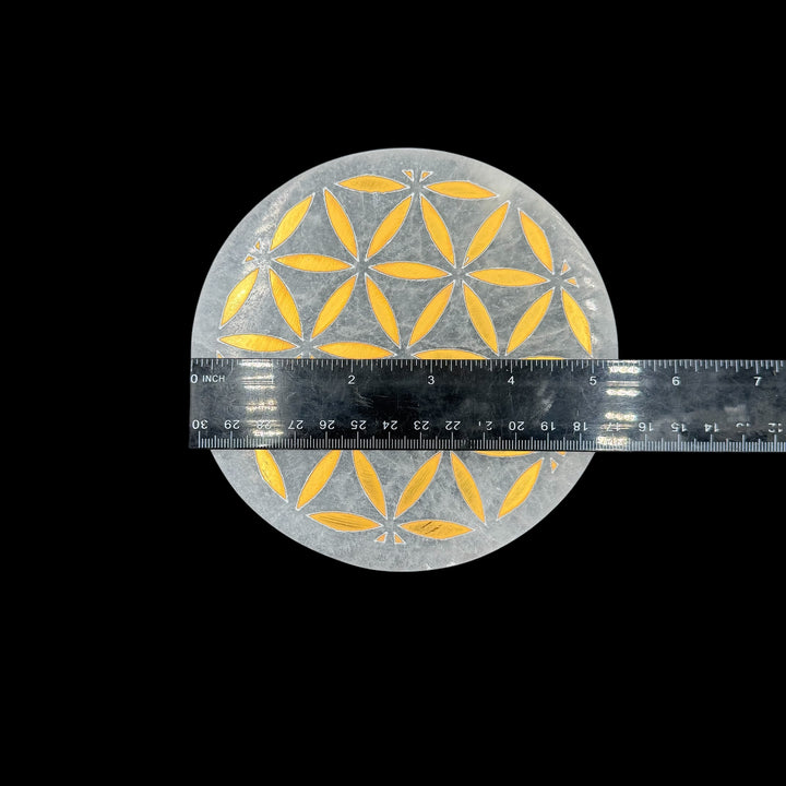 Selenite Charging Plate - Flower Of Life Gold Inlay 5.5"