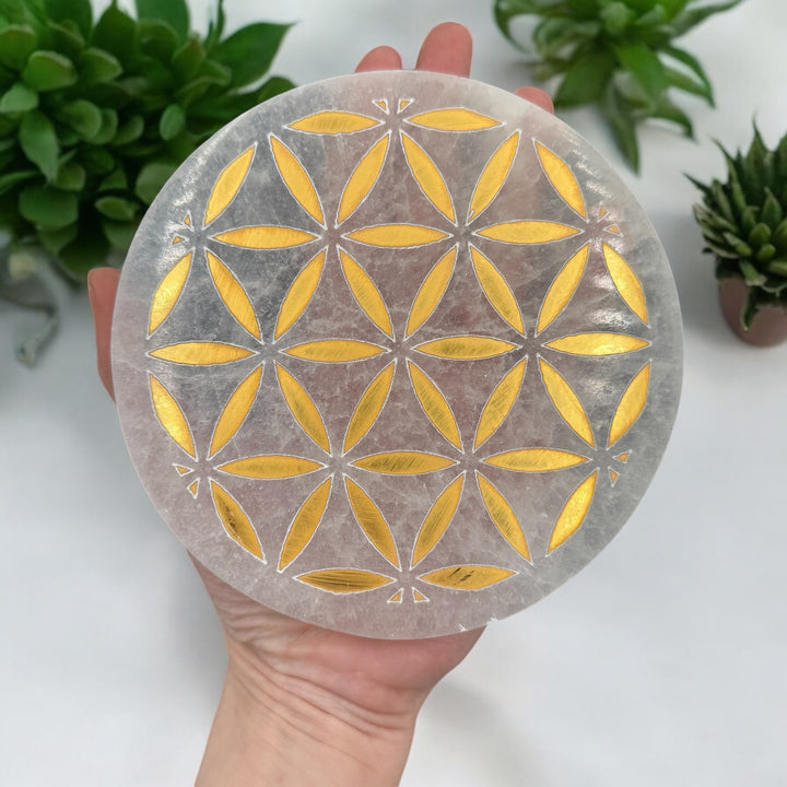 Selenite Charging Plate - Flower Of Life Gold Inlay 5.5"