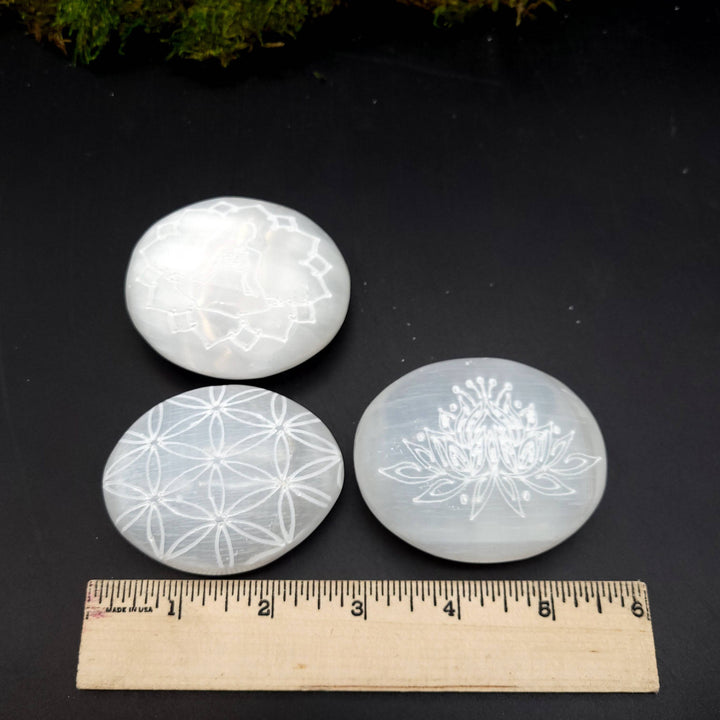 Engraved Selenite Palmstone - Funky Stuff